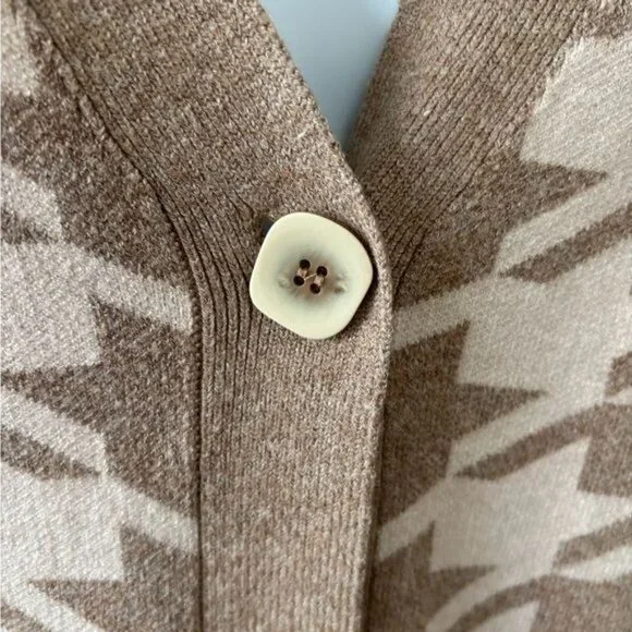 Joie Cardigan Large Tan V Neck Houndstooth Puff Sleeve Old Money Preppy Academia - Picture 9 of 11